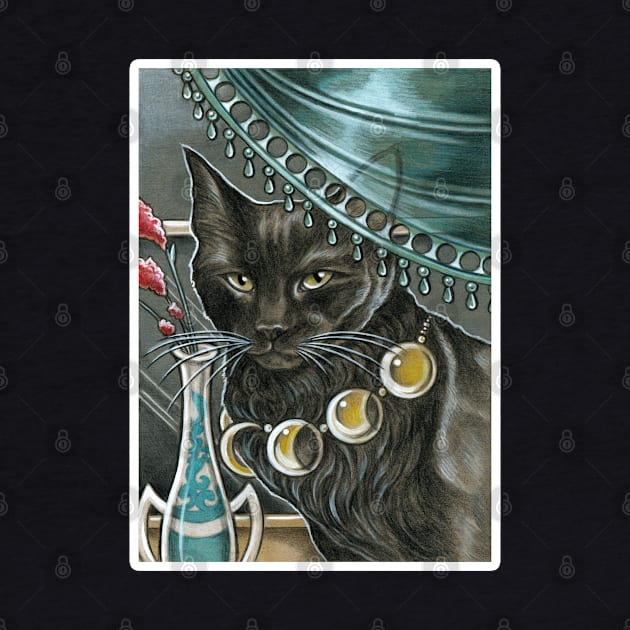 Black Cat with Moon Necklace - White Outlined Version by Nat Ewert Art